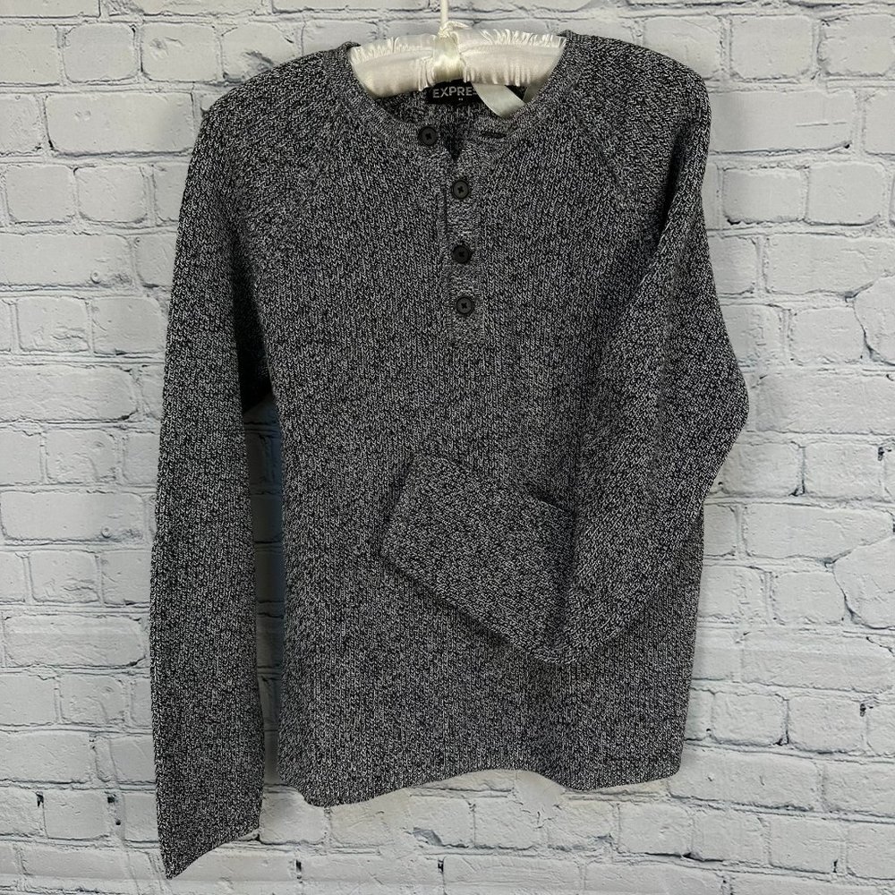 Express 4 Button Up Henley Style Knit Sweater Top, Size Medium, Gray Flecked